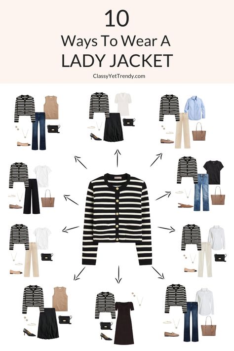 French Style Archives - Classy Yet Trendy Best Jacket For Women, Lady Cardigan Outfit, Striped Lady Jacket Outfit, How To Style Jackets, Lady Jacket Outfit 2023, How To Style A Jacket, Lady Jacket Outfit, Capsule Packing, Sweater Jacket Outfits