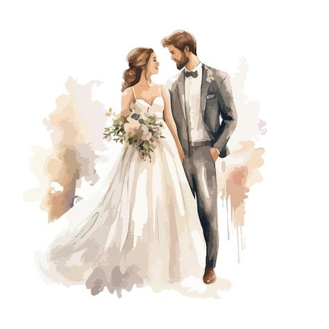 Wedding Couple Painting, Couple With Flowers, Marriage Drawing, Wedding Watercolor Painting, Marriage Art, Couple Watercolor, Bride And Groom Cartoon, Wedding Artwork, Christian Bride