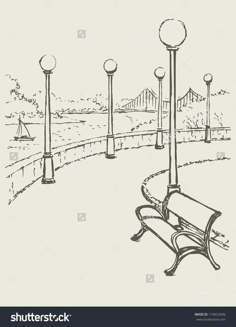 Park Sketch Drawing, Park Perspective Drawing, Streetlight Drawing, Park Bench Drawing, Bench Sketch, Parks Drawing, Architecture Drawing Art Buildings, Road Sketch, Park Sketch