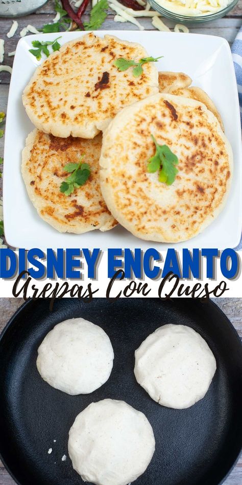 How to Make Disney Encanto Arepas Con Queso - Dine Dream Discover Encanto Arepa Recipe, Arepa Con Queso Recipe, Queso Meals, Encanto Snacks, Encanto Recipes, Encanto Food Ideas, Sweet Arepas Recipe, Arepas Con Queso Recipe, Epcot Recipes