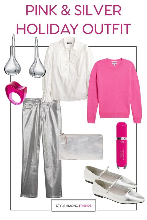 Shop your closet first, then shop the sales for a festive holiday look! One of us broke tradition with silver/pink and the other went classic with green sparkle! (Bet you can't guess who picked what!!!) ⁠ ⁠ Holiday Outfit, Pink and Silver, Holiday Silver Pants, Pink Sweater, Silver Flats, OOTD, Holiday Look, Holiday Style Hot Pink Sweater Outfit, Pink Sweater Outfit, Shop Your Closet, Silver Pants, Hot Pink Sweater, Outfit Pink, Silver Flats, Pink And Silver, Holiday Outfit