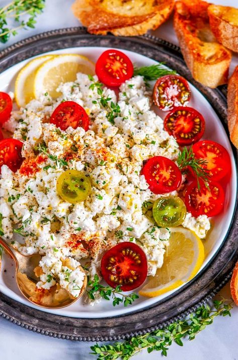 Easy Crumbled Feta Cheese Dip - 5 minute, crowd pleasing feta cheese appetizer with cherry tomatoes, lemon juice, fresh herbs and an olive oil drizzle. Perfect for happy hour and game day! From aberdeenskitchen.com #easy #crumbled #feta #cheese #dip #appetizer #snack #5minute #happyhour #gameday #recipe #glutenfree #vegetarian Feta Cheese Recipes Healthy, Feta Cheese Dip Recipes, Feta Cheese Dip, Salad Appetizer Cups, Cheese Recipes Appetizers, Feta Cheese Recipes, Cheese Appetizer, Cheese Dip Recipes, Feta Recipes