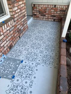 Stenciled Tile, Front Porch Diy, Stenciled Concrete Floor, Porch Diy, Stencil Concrete, Porch Tile, Porch Paint, Cement Patio, Painted Front Porches