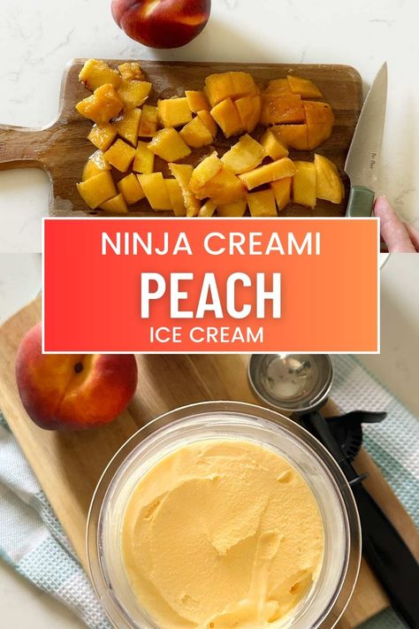 How to make homemade peach ice cream in your Ninja Creami. Peach ice cream made with fresh juicy peaches, cream and milk. Ninja Creami Peaches And Cream, Peach Ice Cream Ninja Creami, Peach Sorbet Ninja Creami, Peach Ice Cream Ninja Creami Fresh Peaches, Homemade Peach Ice Cream Without Eggs, Peach Ice Cream Recipe, Homemade Peach Ice Cream, Peach Muffins, Peach Ice Cream