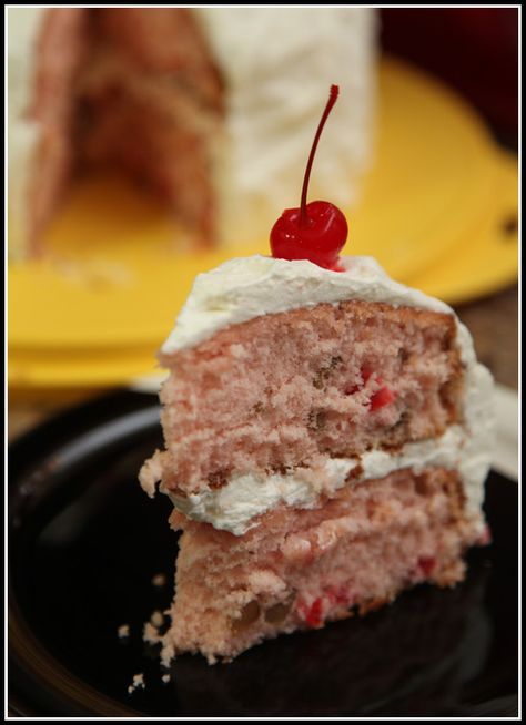 My mom used to make this cake in heart-shaped pans every year for Valentine's Day when I was a child. She got the recipe from my grandmother, but beyond that I am uncertain of its source. It has al... Cherry Nut Cake Recipe, Nut Cake Recipes, Cherry Nut Cake, Cherry Cake Recipe, Nut Cake, Baking Stuff, Cherry Desserts, Wedding Cake Recipe, Walnut Cake