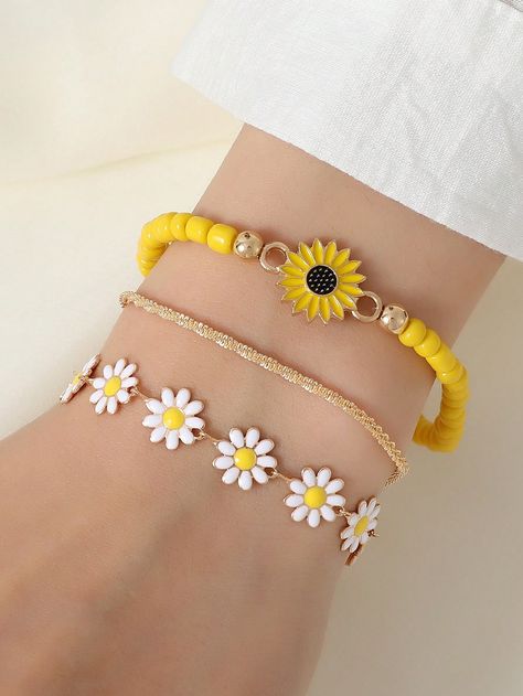 Yellow  Collar  Zinc Alloy   Embellished   Women Fashion Jewelry Flower Charm Bracelet, Girly Bracelets, Sunflower Daisy, Oil Drop, Yellow Accessories, Indian Bridal Jewelry Sets, Yellow Bracelet, Bracelet Sets, Daisy Charm