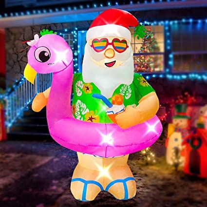 Christmas Toy Decorations, Hawaiian Santa, Flamingo Pool Float, Beach Christmas Decorations, Floating Decorations, Flamingo Pool, Holiday Inflatables, Hawaiian Christmas, Inflatable Decorations