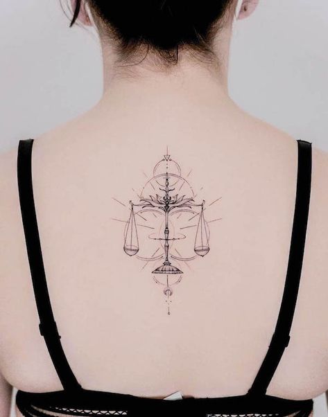 Scale tattoo for Libra by @jk.tattoo Libra Spine Tattoo, Half Spine Tattoos For Women, Geometric Spine Tattoo, Girl Spine Tattoos, Back Tattoo Women Spine, Classy Tattoos For Women, Feminine Back Tattoos, Spine Tats, Nape Tattoo