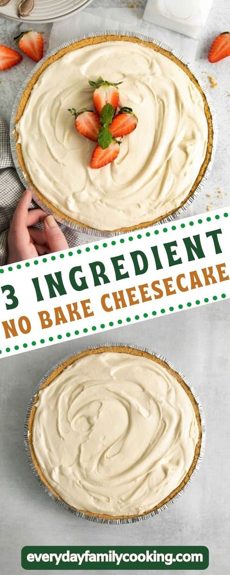 This easy peasy 3 ingredient no-bake cheesecake recipe is simply delish! The filling is made with just 3 ingredients and is baked in a store-bought graham cracker crust to make this dessert even easier!