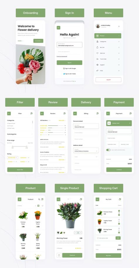 Flower Shop App Mobile App UI Template FIG, SKETCH, XD Flower Shop App Design, Florist App Design, Flower Shop App, Nursery Logo Design, Fig Sketch, Florist Website, Catalog Design Layout, Instagram Grid Design, Plant App