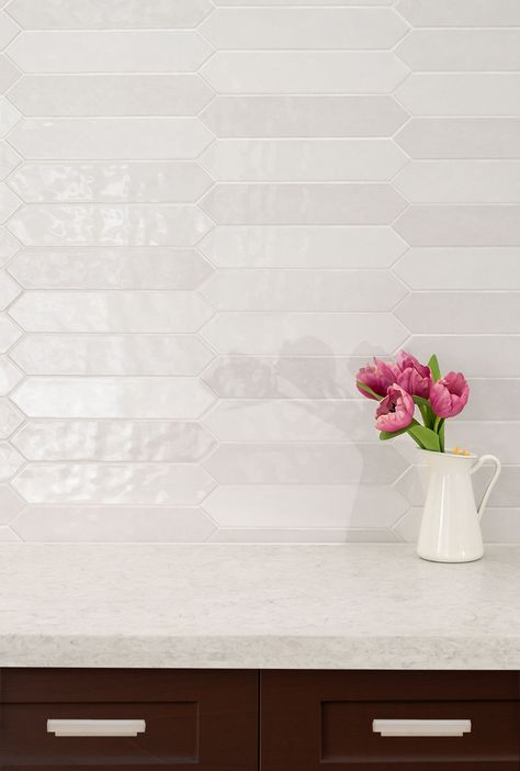 Pickett Kitchen Tile, Picket Tile Bathroom, Picket Wall Tile, Picket Tile Backsplash, Burgundy Kitchen, Modern Tile Backsplash, Picket Tile, Ultimate Bathroom, White Ceramic Tiles