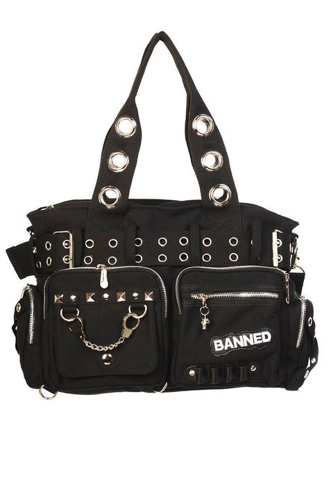 BANNED SHOULDER BAG Handcuff HANDBAG emo goth rock living dead souls black: Amazon.co.uk: Clothing Mochila Grunge, Gothic Mode, Gothic Bag, Military Belt, Gothic Shop, Belt Purse, Black Purse, Burberry Handbags, Canvas Handbags