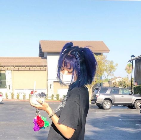 Blue Hair, A Woman, Mask, Hairstyles, Hair, Blue