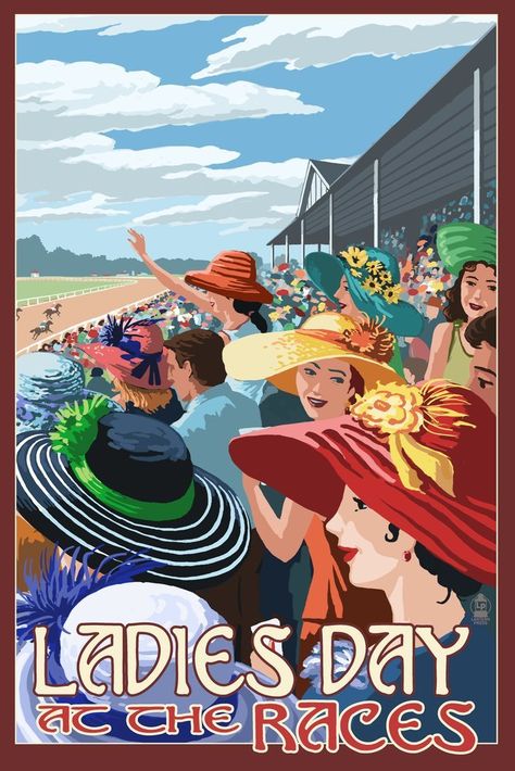 Kentucky - Ladies Day at the Track Horse Racing (36x54 Giclee Gallery Print, Wall Decor Travel Poster) *** Special  product just for you. See it now! : Kitchen Table Linens Kentucky Derby Poster, Derby Gala, Kentucky Derby Party, Racing Art, Racing Posters, 2025 Fashion, Retro Travel Poster, People Watching, Derby Party