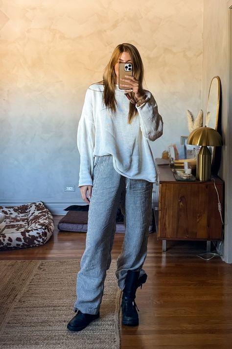 This year I am committed to styling my summer clothes well into fall. I paired my favorite loose linen pants with a cotton oversized rolled neck boatneck sweater and a pair of trusty leather biker combat boots I've had for 10+ years. #womensfashion #cozychic #casualfashion #outfitideas #falltrends #cozyoutfit • how to style linen for fall • boatneck sweater outfit • combat boot outfit • women's casual fashion • fall trends • coastal aesthetic • Casual Fashion Fall, Combat Boot Outfits, Combat Boot Outfit, Loose Linen Pants, Coastal Aesthetic, Slouchy Sweater, Sweater Outfit, Good Week, Fall Day