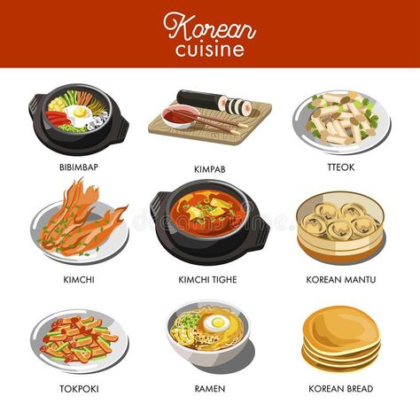 Korean cuisine traditional dishes flat icons. stock illustration Korean Breakfast, Georgian Cuisine, Georgian Food, Jewish Cuisine, Irish Cuisine, Malaysian Cuisine, Peruvian Cuisine, Recipe Icon, Traditional Dishes