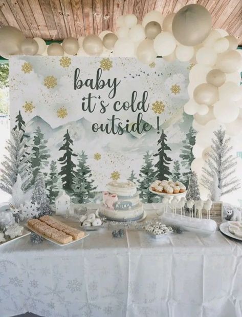 Snow Forest Baby Shower, Gender Reveal Themes January, Cute Gender Reveal Themes Winter, Gender Reveal In January, January Gender Reveal Party, December Gender Reveal Themes, Winter Birthday Theme Ideas, Boy Baby Shower Winter Theme, Baby It’s Cold Outside Backdrop