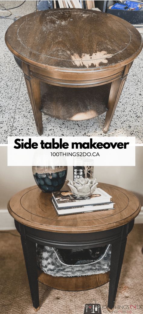 Finally! A round side table that fits! - 100 Things 2 Do Wood Side Table Makeover, Side Table Decor Ideas, Refurbished End Tables, Round Side Table Makeover, Side Table Redo, Refinished End Tables, Side Table Ideas, End Table Makeover, Side Table Makeover