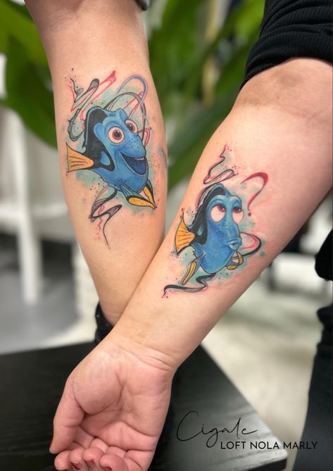 Beautiful matching tattoo of Dory from Disney done by our talented Cigale! Dory Quotes, Dory Tattoo, Dory And Nemo, Nemo Movie, Watercolour Tattoo, Friendship Tattoo, Disney Finding Dory, Quote Tattoo, Friendship Tattoos