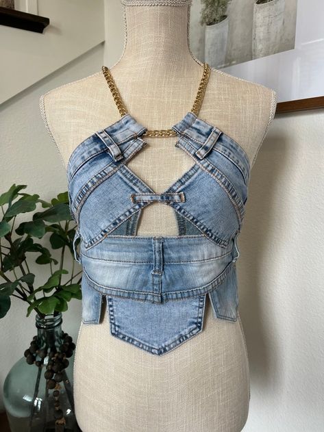 YouniqueBohemian - Etsy Australia Jean Ideas, Denim Diy Clothes, Recycled Clothes, Denim Bustier, Long Necklace Boho, Denim Crop Top, Denim Corset, Denim Chic, Denim Crafts