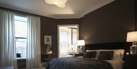 Love the dark Chocolate Bedroom Walls, Dark Brown Bedroom Furniture Decor, Brown Bedroom Furniture Decor, Dark Brown Bedroom Furniture, Brown Bedroom Furniture, Chocolate Brown Bedrooms, Brown Bedroom Walls, Dark Brown Bedrooms, Transitional Apartment