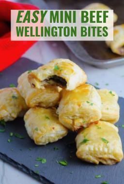 These Mini Beef Wellington Bites are flaky and buttery on the outside, meaty and succulent on the inside.  Puff Pastry is filled with a creamy mushroom and parmesan filling and tender beef filet.  They are perfect for a party because you can make them ahead and freeze them and then simply bake them off when ready to serve. #appetizers #partyfood #christmasparty #beefrecipes #partyrecipes #smallbites #appetizerrecipes #filledappetizers Wellington Bites, Beef Wellington Bites, Mini Beef Wellington, Beef Appetizers, Beef Wellington Recipe, Beef Filet, Mini Appetizers, Fall Appetizers, Delicious Appetizer Recipes