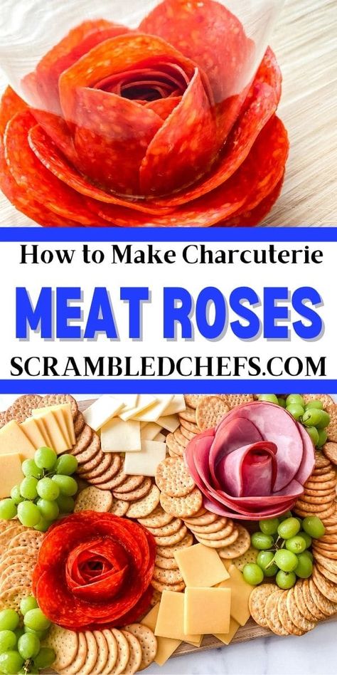 Small Sandwich Charcuterie Board, Ham And Cheese Board Ideas, Charcuterie Boards With Flowers, Charcuterie Board Ideas Flowers, Cheese Board Meat Flowers, Ham On Charcuterie Board, How To Make Chacutery Boards, How To Roll Ham For Charcuterie, Flower Pepperoni