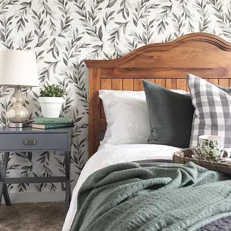 Bedroom In Green, Olive Branch Wallpaper, Branch Wallpaper, Beach Bedding Sets, Beige Bed Linen, Farmhouse Wallpaper, Grey Linen Bedding, Bed Linen Design, Home Green