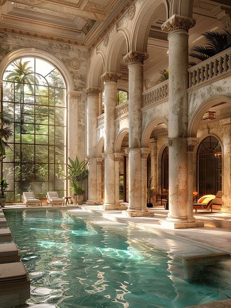 Beautiful Indoor Pool, Dream Swimming Pools, Pool Mansion, Castle Pool, House Swimming Pool, Private Mansion, Roman Pool, Old Money House, Inside Pool