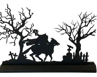 Headless Horseman Silhouette, Halloween Silhouettes Templates, Gothic Diy, Halloween Pottery, Crow Perched, Wood Silhouette, Spooky Graveyard, Pyrography Ideas, Fall Yard