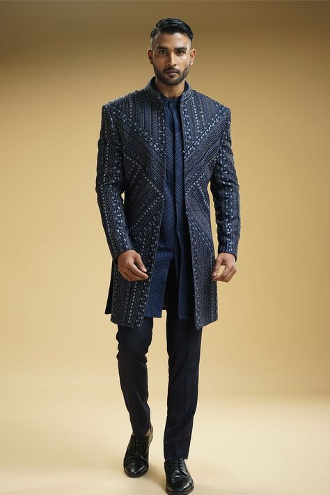 Shop for these amazing collections of Blue Dupion Silk Embroidery Sequin Achkan Trouser Set For Men by Kommal Sood online at Aza Fashions. Open Achkan Men, Sangeet Outfit For Men, Achkan For Men, Indian Wedding Clothes For Men, Wedding Kurta For Men, Sangeet Outfit, Men's Wedding Outfit, Gents Kurta Design, Gents Kurta