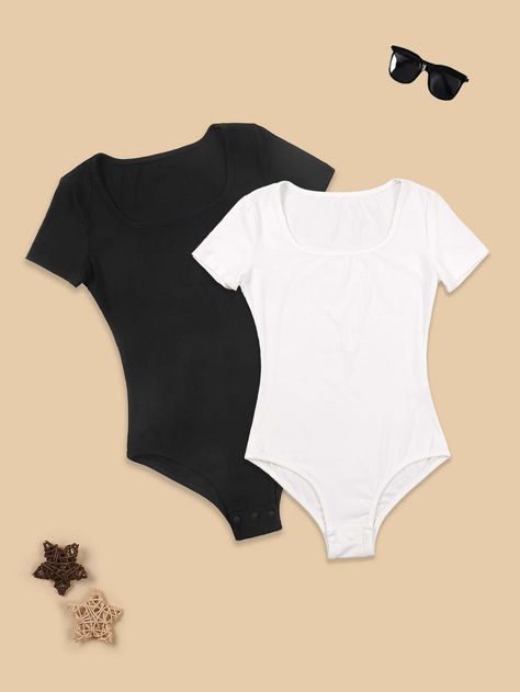 Black and White Casual  Short Sleeve Rayon Plain Tee Embellished High Stretch Summer Girls Clothing Ribbed Knit Bodysuit, Shapewear Bodysuit, Plain Tees, Knit Bodysuit, Short Sleeve Bodysuit, White Casual, Favorite Dress, Fashion Online Shop, Pretty Outfits