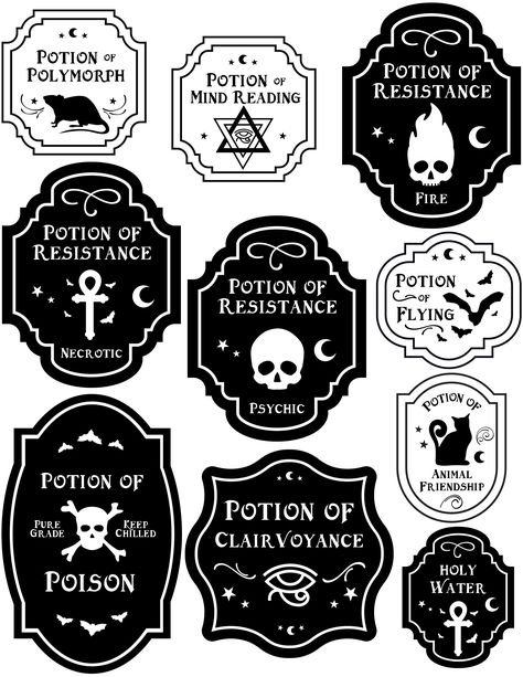 Supplement your adventure with these labels for witchy 5e potions (printer-friendly). Free Printable Potion Bottle Labels, Dungeons And Dragons Potions, Potion Labels Free Printables, 5e Potions, Potion Bottle Labels Printable Free, Witchy Labels, Potions Labels, Poison Label, Potion Bottle Labels