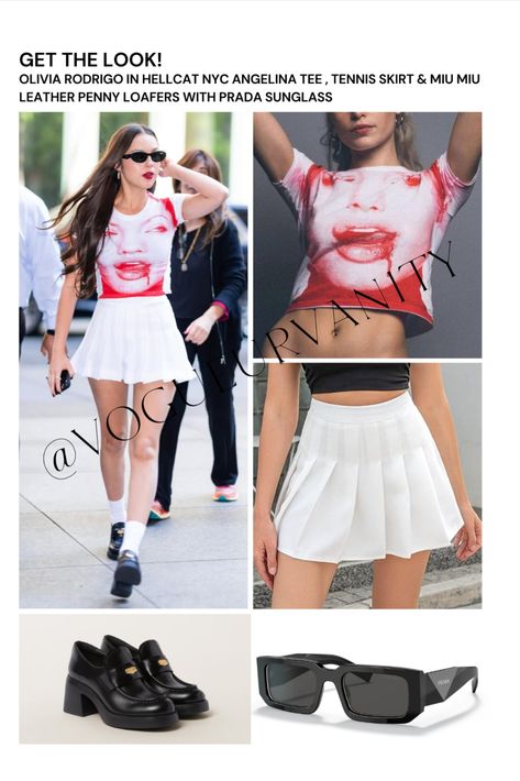 Olivia Rodrigo In White, Paparazzi Olivia Rodrigo, Olivia Rodrigo White Tank Top, Olivia Rodrigo Baby Tee, Olivia Rodrigo Plaid Skirt, Cute Tennis Skirt, Prada Symbole Sunglasses, Vampire Clothes, Penny Loafer