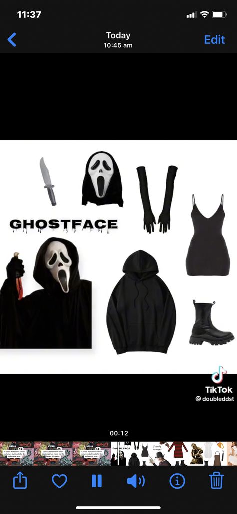 Ghostface Diy Costume, Halloween Ghost Face Costume, Girly Scream Costume, Ghost Face Inspired Outfit, Ghost Face And Freddy Krueger Costume, Ghost Face Outfit Ideas, Ghostface Inspired Makeup, Ghost Face Costume Women Outfit, Woman Ghostface Costume