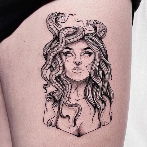 Hip Tattoos Women Medusa, Bicep Medusa Tattoo, Medusa Half Sleeve Tattoos For Women, Half Medusa Half Woman Tattoo, Tattoos 2022 Women, Greek Medusa Tattoo, Cool Tattoos For Women Arm, Medusa Tattoo Thigh Beautiful, Unique Medusa Tattoos For Women