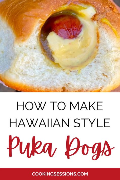 Puka Dog Recipe, Hawaii Pupu Recipes, Hawaiian Hot Dogs, Hawaiian Hot Dogs Recipe, Hawaii Food Recipes, Hot Dog Octopus, Cafe Sandwiches, Hawaii Foods, Puka Dog