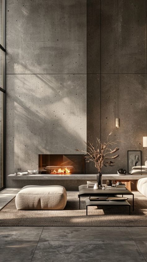 Contemporary Living Room With Color, Modern Cement Fireplace, Brutalist Living Room, Modernist Fireplace, Nordic House Design, Minimal Modern Home, Brutalist Interior, Fireplace Modern Design, Modern Minimalist Interior Design