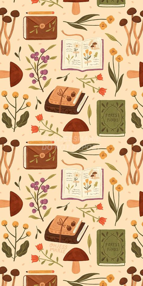 A whimsical print for book lovers and nature lovers. Drawings of books, nature journal, and book stacks paired with woodland flowers and mushrooms. Bookish art | Book pattern | Nature pattern | Book lover home decor | Mushrooms home decor | Mushrooms art | Forest art | Woodland aesthetic | Book aesthetic | Flowers pattern #literarygifts #books #homedecor Lovers Drawings, Flowers And Mushrooms, Books Nature, 동화 삽화, Woodland Flowers, Tapeta Galaxie, Whatsapp Wallpaper, Book Wallpaper, Cute Patterns Wallpaper