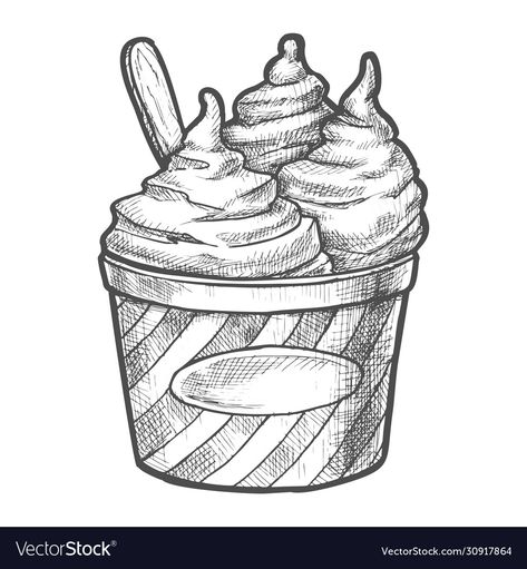 Ice Cream Cup Drawing, Sketch Hatching, Ice Cream Sketch, Drawing Cup, Cup Drawing, Desserts Drawing, Soft Ice Cream, Cup Tattoo, Matcha Ice Cream