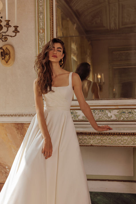 Satin Ball Gown with Square Neckline and Asymmetric Bodice and Pockets Square Neck Wedding Dress, Justin Alexander Bridal, Justin Alexander Wedding Dress, Justin Alexander Signature, Girls Bridesmaid Dresses, Chic Wedding Dresses, Satin Ball Gown, Justin Alexander, Wedding Dresses Beaded