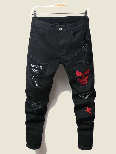 Stylish Jeans For Men, Skull Embroidery, Drip Outfit Men, Black Jeans Men, Ripped Jeans Men, Black Ripped Jeans, Rock N’roll, Streetwear Mens, Slim Straight Jeans