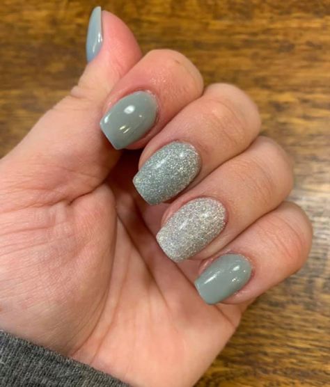 Sage Colored Nails, Sage And Silver Nails, Dusty Sage Nails, Sage Green And Silver Nails, Sage Green Dip Nails, Green Dip Powder Nails, Mum Nails, Sage Nails, Beachy Nails