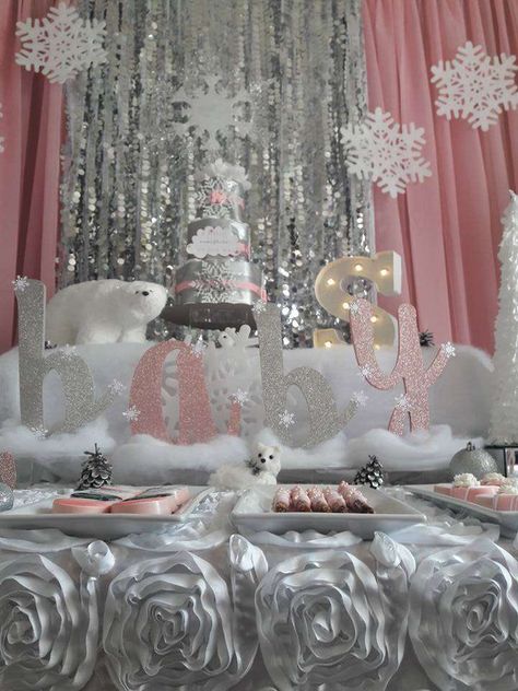 A snowflake is on the way Baby Shower Party Ideas | Photo 1 of 14 December Baby Shower Ideas, Snowflake Is On The Way, Winter Baby Shower Decorations, Winter Baby Shower Themes, Girl Shower Themes, Snowflake Baby Shower, Outside Baby Showers, Winter Wonderland Baby Shower, Wonderland Theme