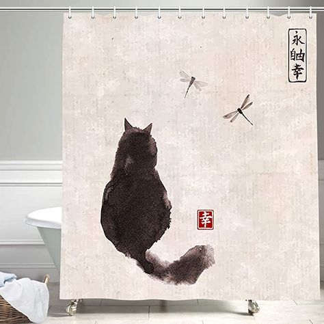 Black Fluffy Cat, Cabin Shower Curtain, Traditional Bathroom Tile, Japanese Shower, Rustic Shower Curtains, Shower Curtain Black, Cat Shower Curtain, Japanese Ink Painting, Funny Shower Curtains