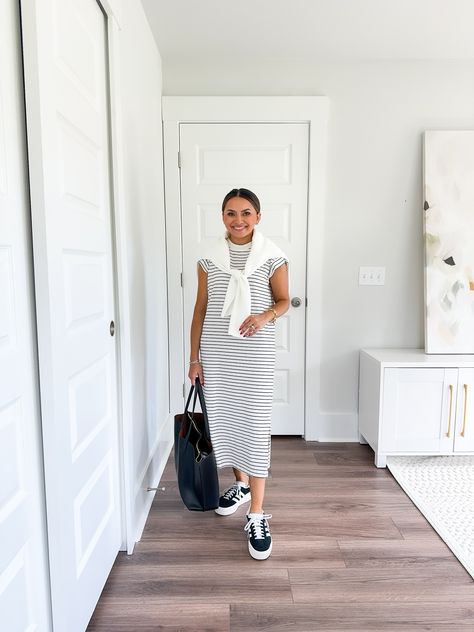 maxi dress / adidas / travel outfit / summer dress / airport outfit Dress Airport Outfit, Striped Maxi Dress Outfit, Dress Travel Outfit, Black And White Stripe Dress, Maxi Dress Outfit, Travel Outfit Summer, Travel Dress, Summer Dress Outfits, Stripe Dress