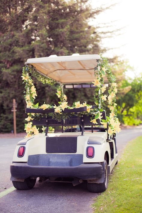 Decorated Golf Cart Ideas, Stephen Grant, Golf Cart Decorations, Country Prom, Wedding Golf, Botanic Garden Wedding, Wedding Transport, Fairy Halloween, Tropical Flower Arrangements