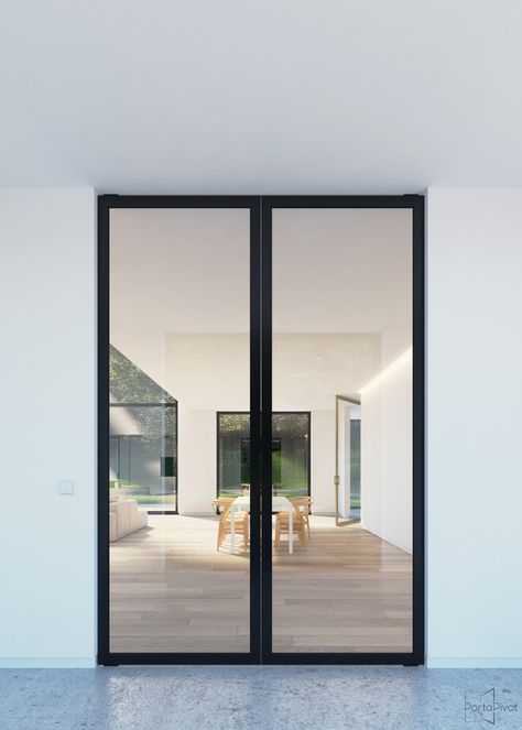 Double glass pivot doors with black anodized aluminium frames and handles. Modern Sliding Glass Doors, Modern Patio Doors, Pintu Interior, Double Glass Doors, Wood Exterior Door, Contemporary Doors, Glass French Doors, Glass Doors Interior, Sliding Patio Doors