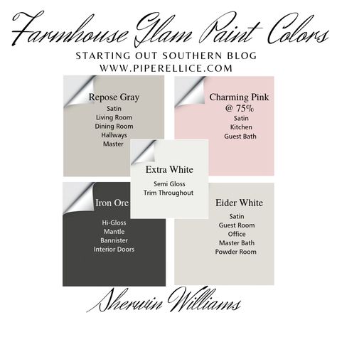 Piper Ellice : Farmhouse Glam Paint Colors | Sherwin Williams Repurpose Gray Sherwin Williams, Eider White And Iron Ore, Iron Ore And Pink, Agreeable Gray And Pink, Repose Gray With Iron Ore, Repose Gray Iron Ore, Glam Paint Colors, Sherwin Williams Iron Ore Bedroom, Best White With Iron Ore