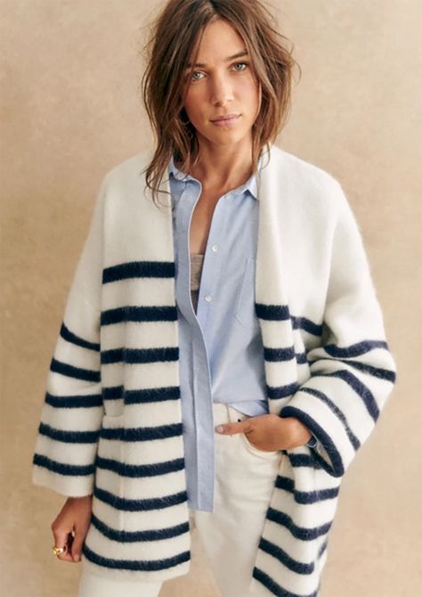 Warm Fall Outfits, Fall Cardigans, Fall Winter 2024, Light Blue Shirts, Striped Jacket, Sweater Coat, Coat Women, Women Sleeve, Winter 2024